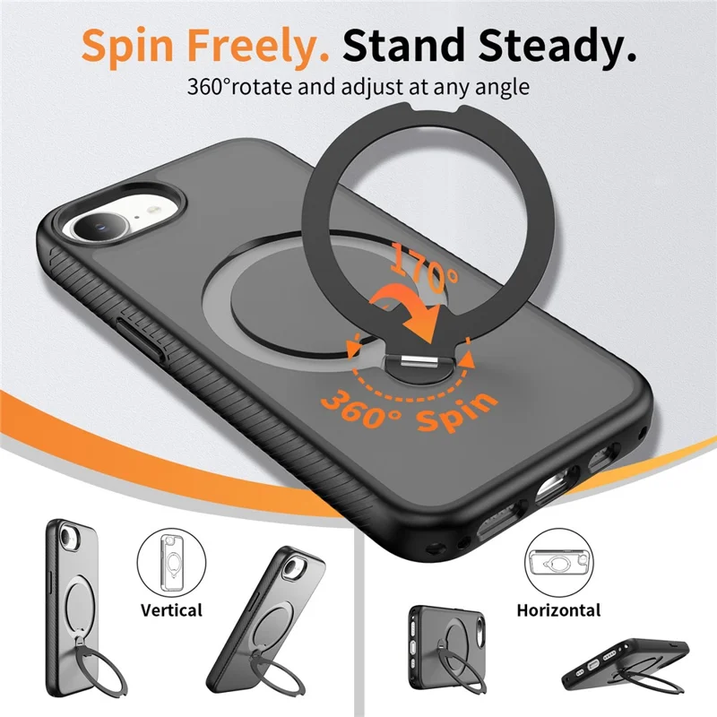 For iPhone 17e / 16e Magnetic Case Compatible with MagSafe Rotary Kickstand PC + TPU Shockproof Phone Cover - Black