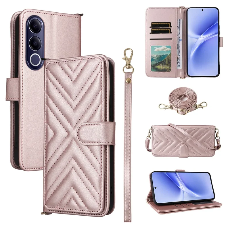 For vivo V70 FE 5G Leather Case Stand Wallet Phone Cover with Shoulder  /  Wrist Strap - Pink