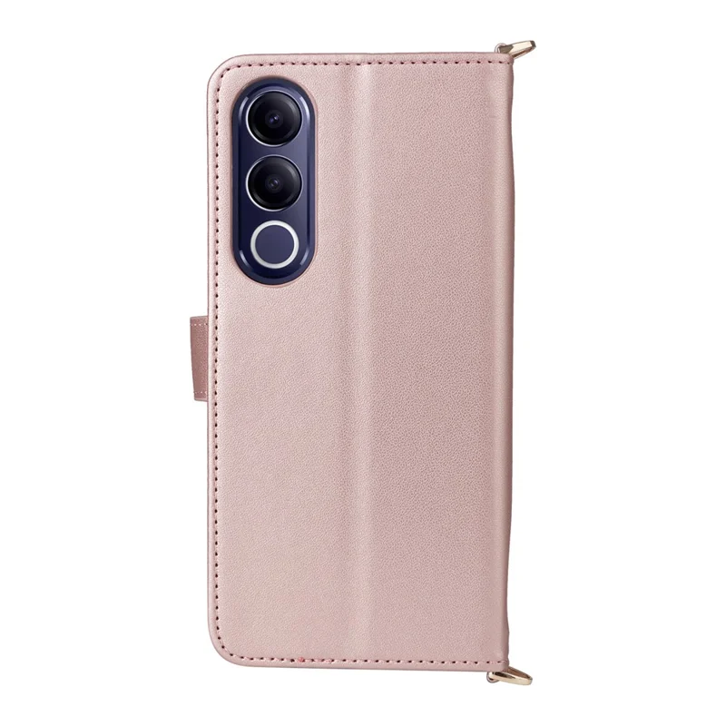 For vivo V70 FE 5G Leather Case Stand Wallet Phone Cover with Shoulder  /  Wrist Strap - Pink