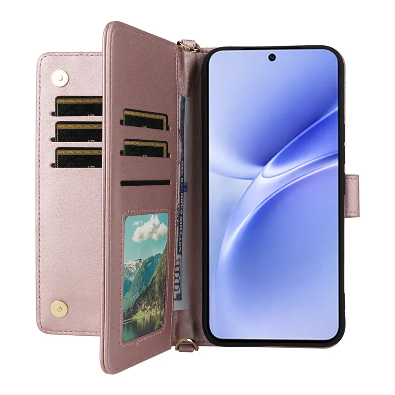 For vivo V70 FE 5G Leather Case Stand Wallet Phone Cover with Shoulder  /  Wrist Strap - Pink
