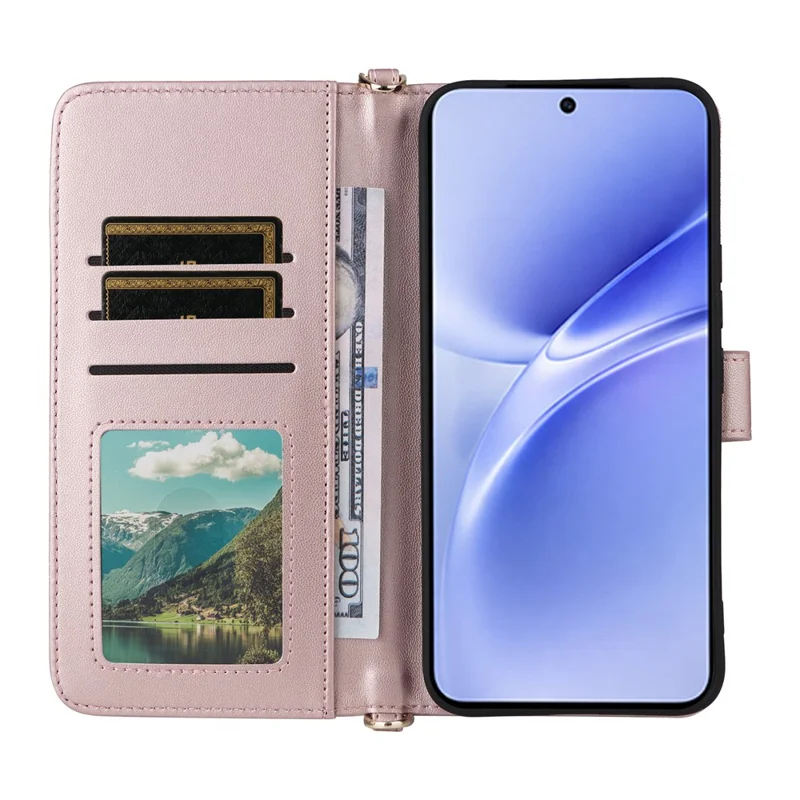 For vivo V70 FE 5G Leather Case Stand Wallet Phone Cover with Shoulder  /  Wrist Strap - Pink