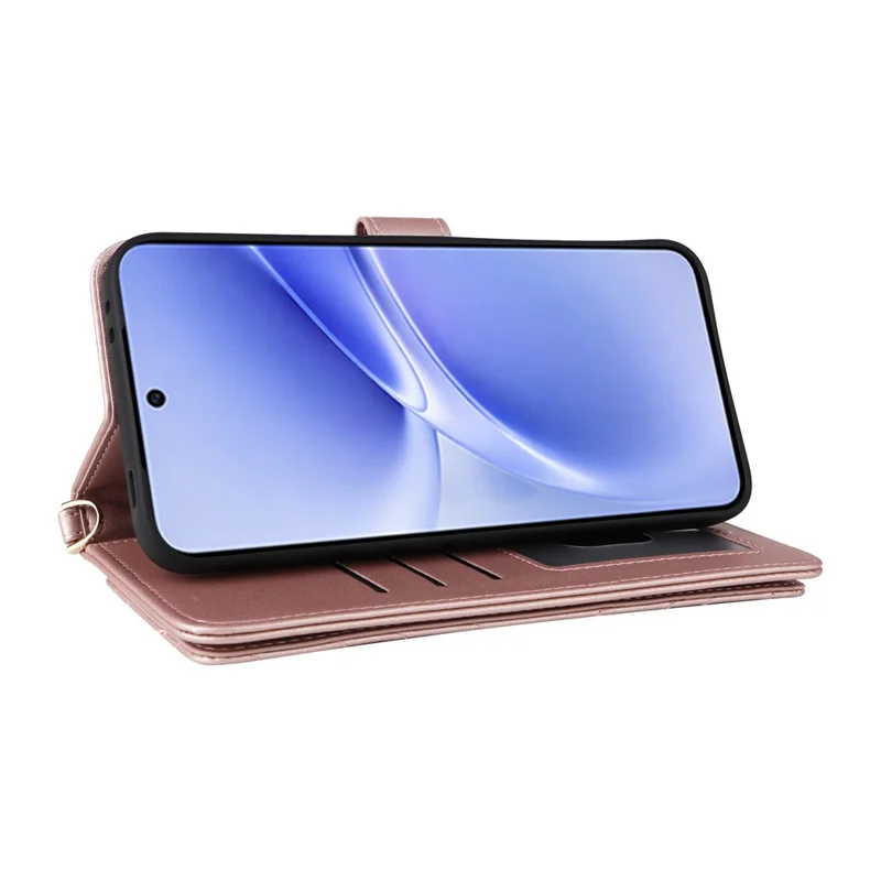 For vivo V70 FE 5G Leather Case Stand Wallet Phone Cover with Shoulder  /  Wrist Strap - Pink