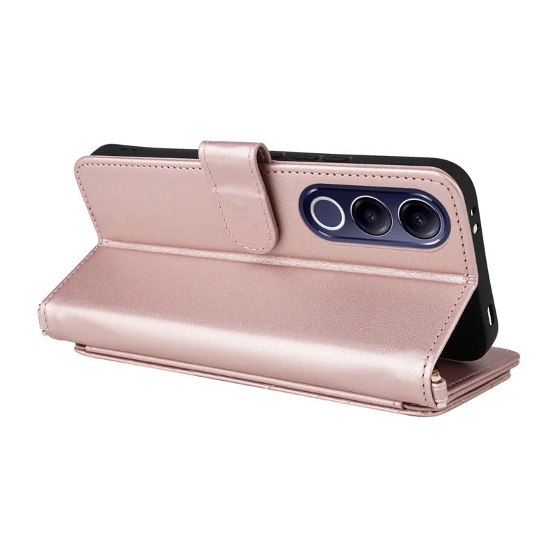 For vivo V70 FE 5G Leather Case Stand Wallet Phone Cover with Shoulder  /  Wrist Strap - Pink