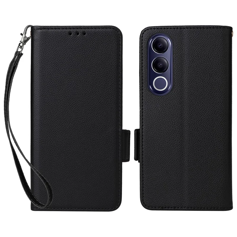 For vivo V70 FE 5G Litchi Texture Wallet Leather Phone Cover with Wrist Strap - Black