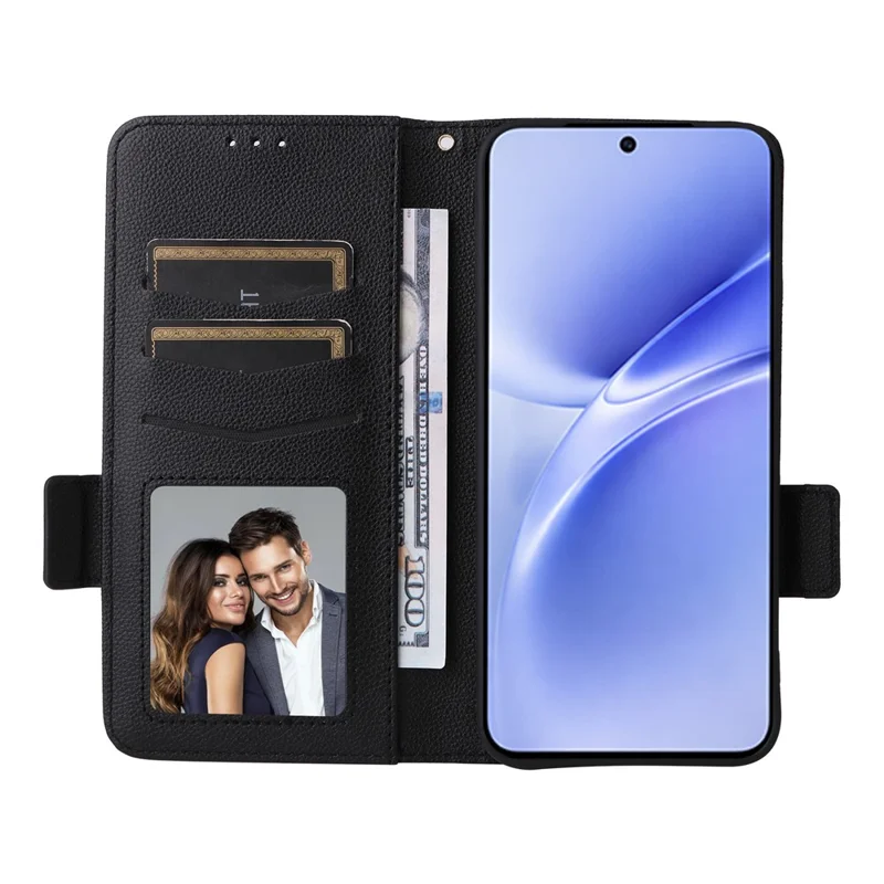For vivo V70 FE 5G Litchi Texture Wallet Leather Phone Cover with Wrist Strap - Black