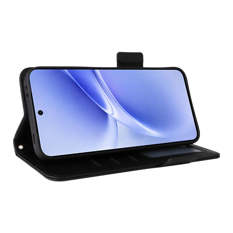 For vivo V70 FE 5G Litchi Texture Wallet Leather Phone Cover with Wrist Strap - Black