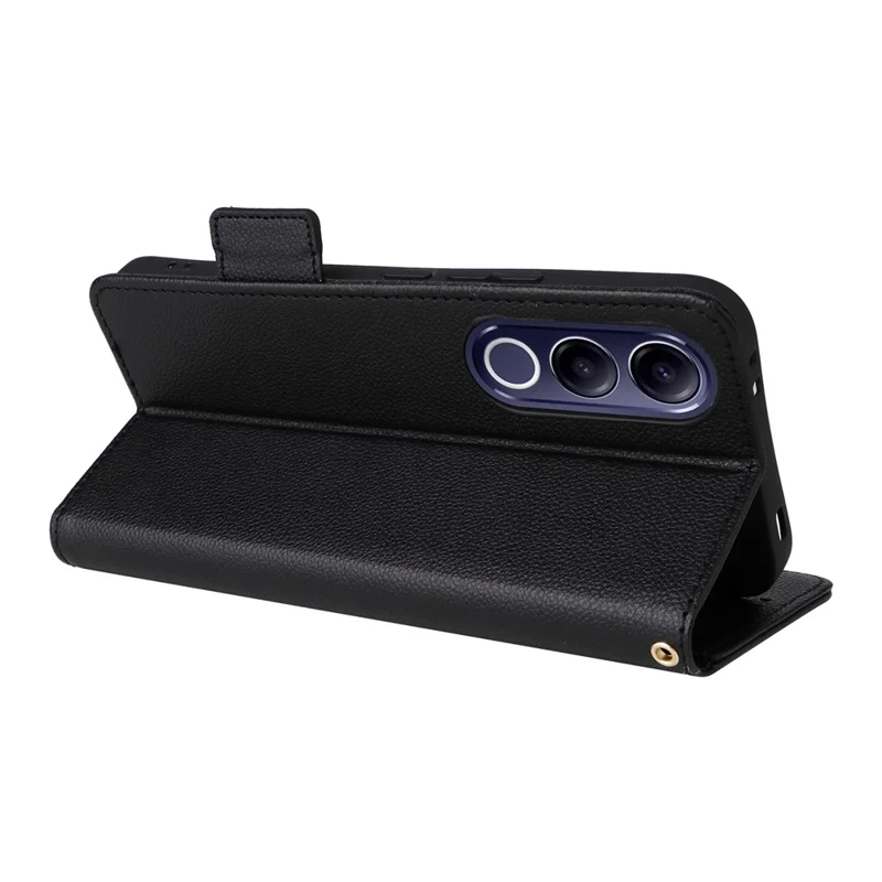 For vivo V70 FE 5G Litchi Texture Wallet Leather Phone Cover with Wrist Strap - Black