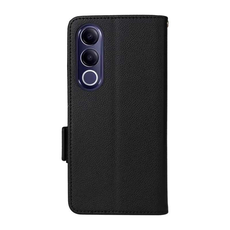 For vivo V70 FE 5G Litchi Texture Wallet Leather Phone Cover with Wrist Strap - Black