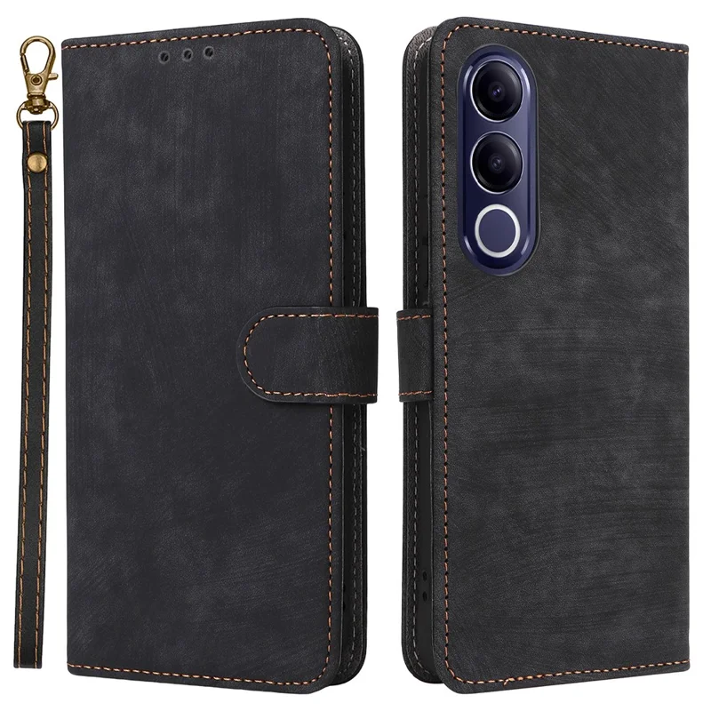 For vivo V70 FE 5G Case Wallet RFID Blocking PU Leather Phone Cover Stand with Strap - Black