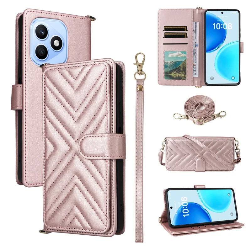For Honor X8d 4G Leather Case Stand Wallet Phone Cover with Shoulder  /  Wrist Strap - Pink