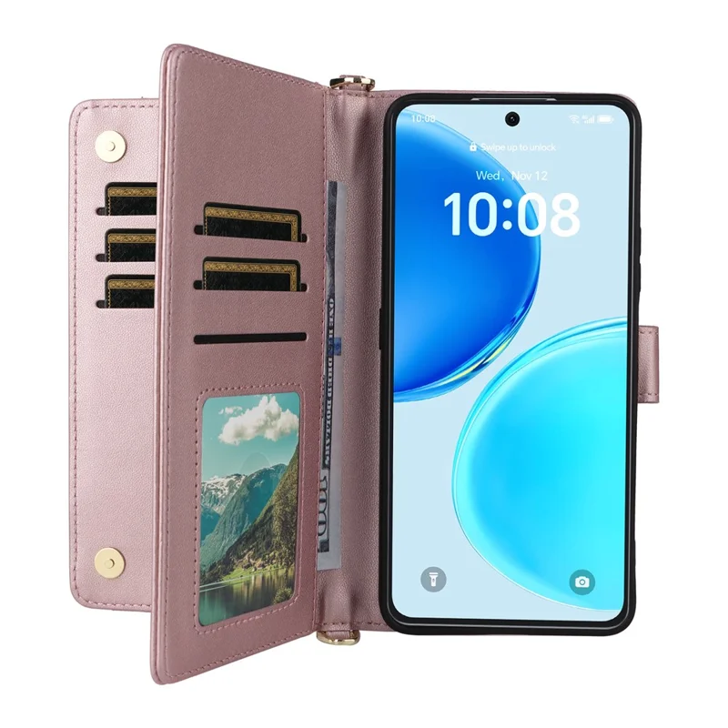 For Honor X8d 4G Leather Case Stand Wallet Phone Cover with Shoulder  /  Wrist Strap - Pink