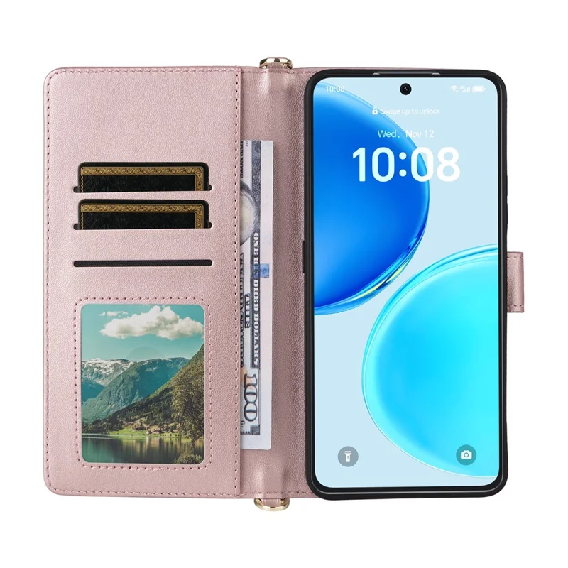 For Honor X8d 4G Leather Case Stand Wallet Phone Cover with Shoulder  /  Wrist Strap - Pink