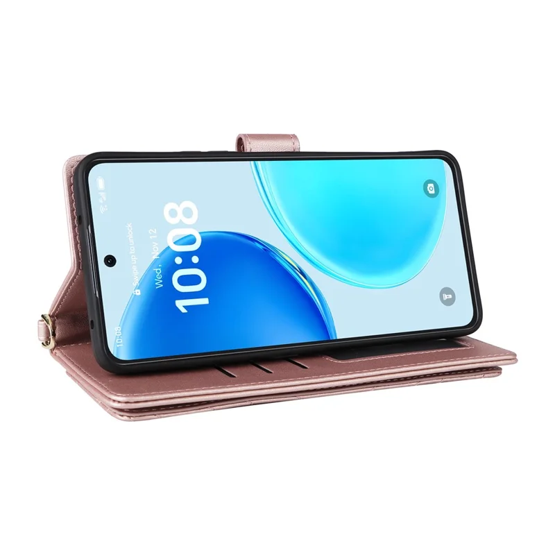 For Honor X8d 4G Leather Case Stand Wallet Phone Cover with Shoulder  /  Wrist Strap - Pink