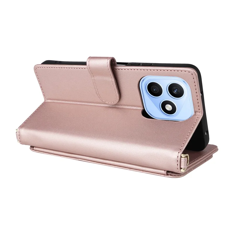 For Honor X8d 4G Leather Case Stand Wallet Phone Cover with Shoulder  /  Wrist Strap - Pink