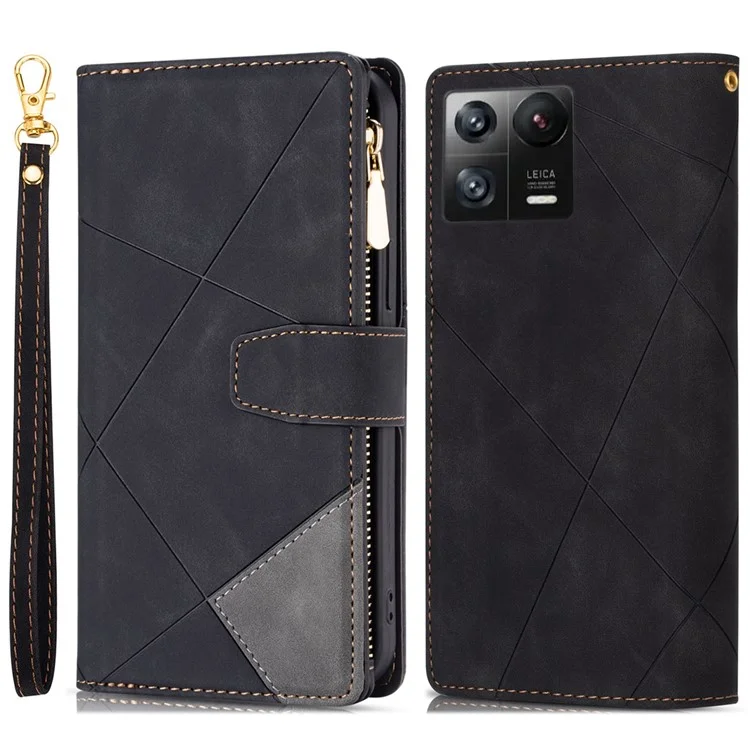 Pour Xiaomi 13 Pocket de Poche Zipper PU Couleur D'épissage Couverture de Lignes Imprimées Portefeuille Magnétique Portefeuille Avec Sangle - le Noir