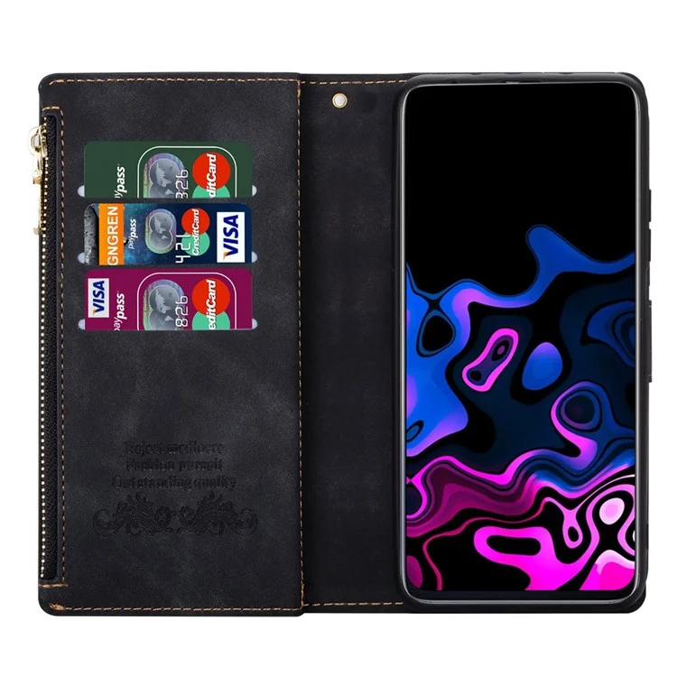 Pour Xiaomi 13 Pocket de Poche Zipper PU Couleur D'épissage Couverture de Lignes Imprimées Portefeuille Magnétique Portefeuille Avec Sangle - le Noir