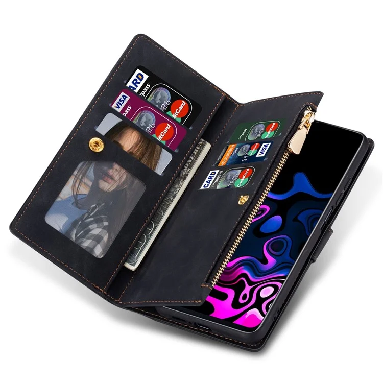 Pour Xiaomi 13 Pocket de Poche Zipper PU Couleur D'épissage Couverture de Lignes Imprimées Portefeuille Magnétique Portefeuille Avec Sangle - le Noir