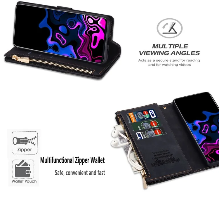 Para Xiaomi 13 Bolso de Zíper Capa de Carteira de Couro PU com Coloração e Linhas Estampadas, Suporte Magnético Flip - Preto