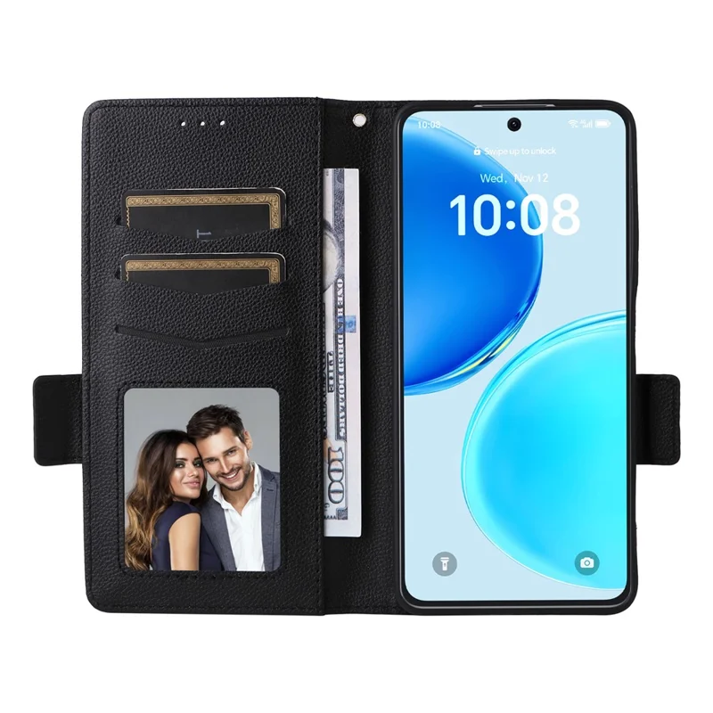 For Honor X8d 4G Litchi Texture Wallet Leather Phone Cover with Wrist Strap - Black