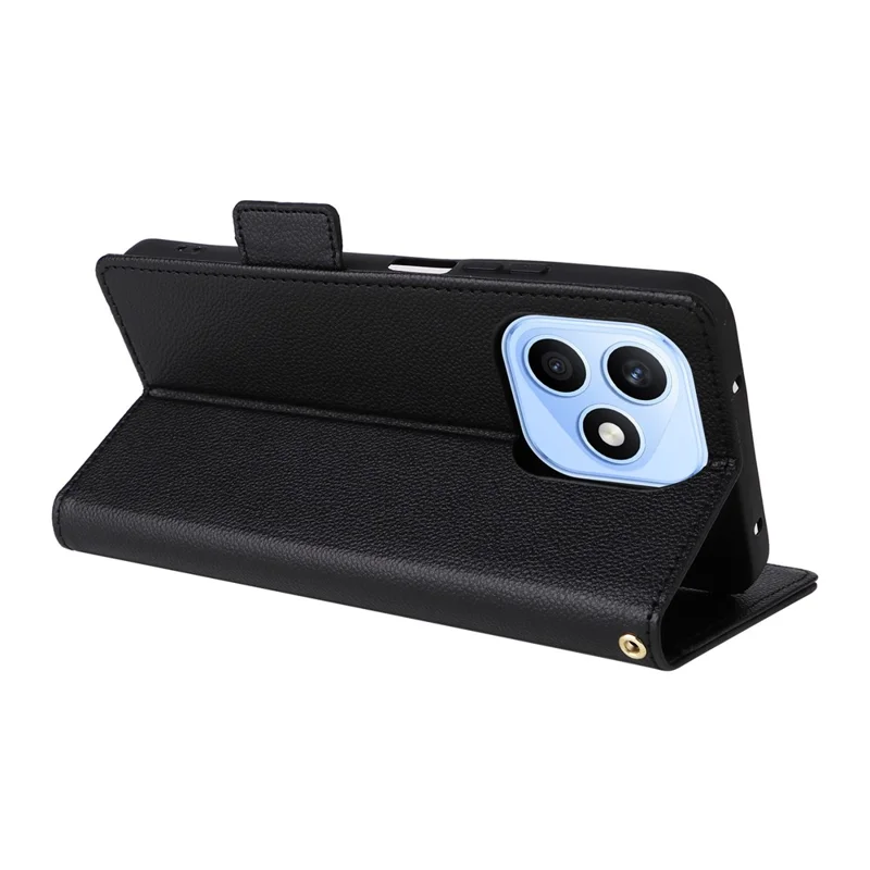 For Honor X8d 4G Litchi Texture Wallet Leather Phone Cover with Wrist Strap - Black