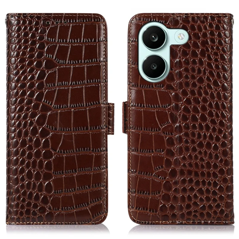 For Xiaomi Redmi Turbo 5 5G Case RFID Blocking Wallet Crocodile Texture Genuine Cow Leather Phone Cover - Brown