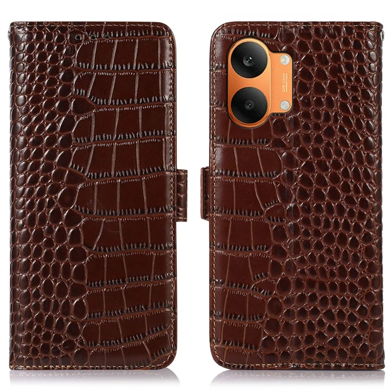 For Xiaomi Redmi Turbo 5 Max 5G Case RFID Blocking Wallet Crocodile Texture Genuine Cow Leather Phone Cover - Brown