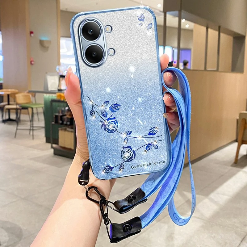 KADEM Phone Case For Xiaomi Redmi Turbo 5 Max 5G Flower Pattern TPU Gradient Phone Cover with Lanyards -Blue