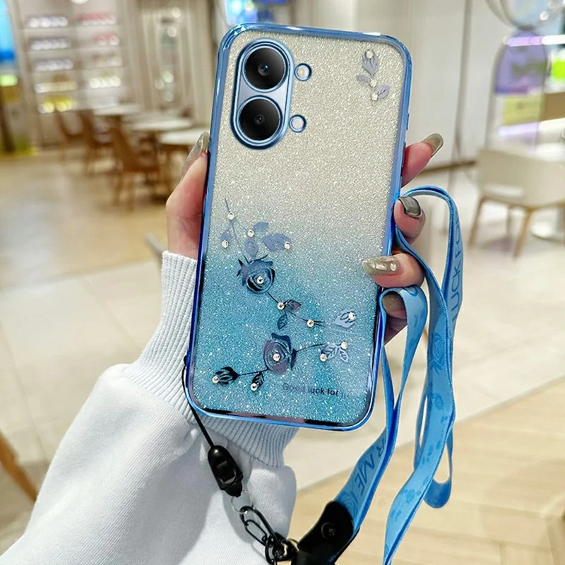KADEM Phone Case For Xiaomi Redmi Turbo 5 Max 5G Flower Pattern TPU Gradient Phone Cover with Lanyards -Blue
