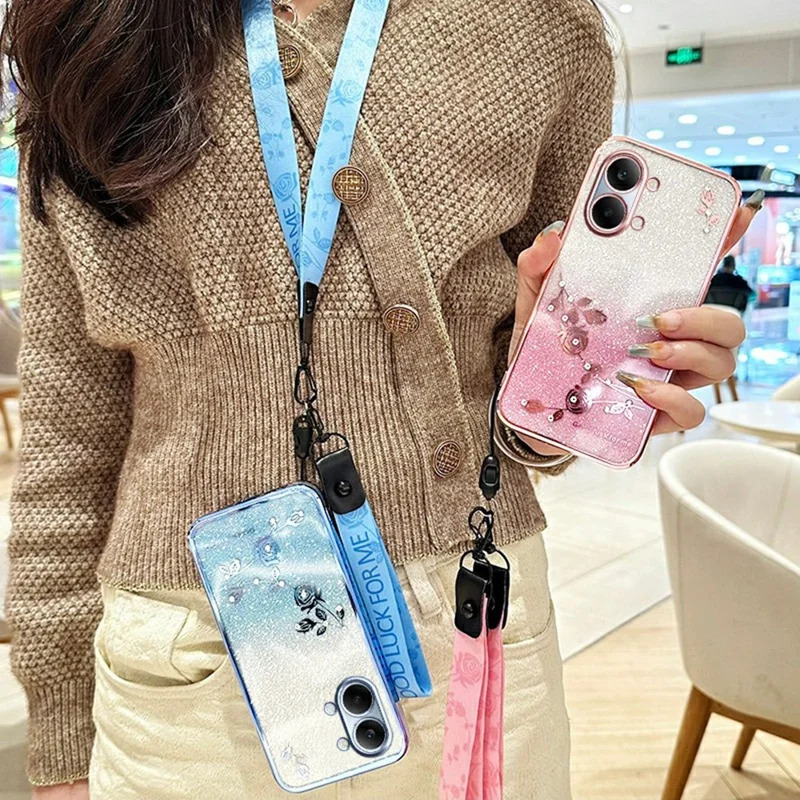KADEM Phone Case For Xiaomi Redmi Turbo 5 Max 5G Flower Pattern TPU Gradient Phone Cover with Lanyards -Blue