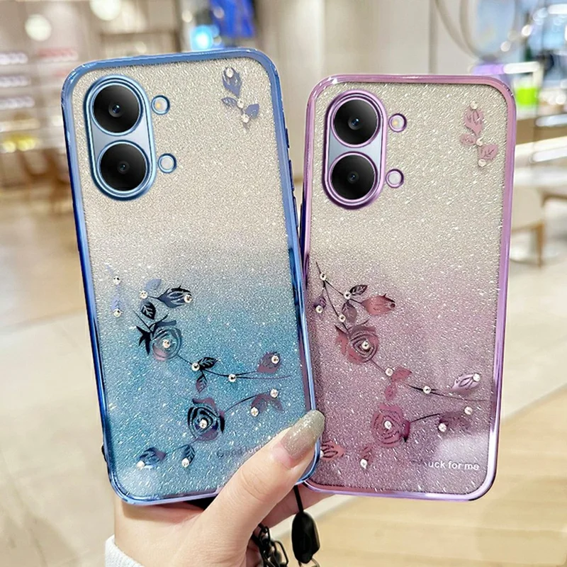KADEM Phone Case For Xiaomi Redmi Turbo 5 Max 5G Flower Pattern TPU Gradient Phone Cover with Lanyards -Blue