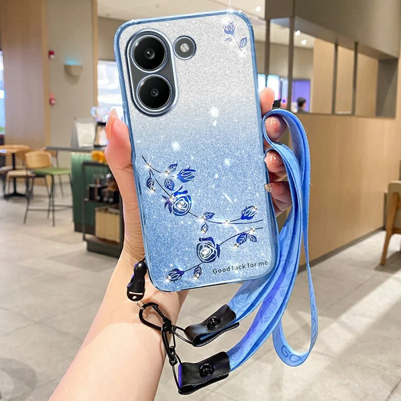 KADEM Phone Case For Xiaomi Redmi Turbo 5 5G Flower Pattern TPU Gradient Phone Cover with Lanyards - Blue