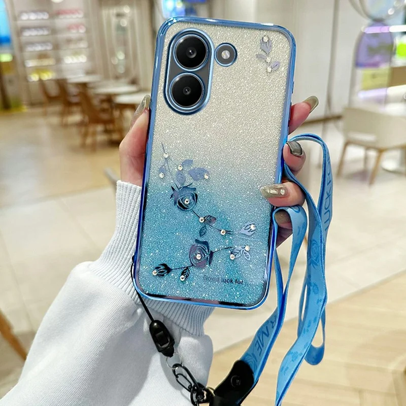 KADEM Phone Case For Xiaomi Redmi Turbo 5 5G Flower Pattern TPU Gradient Phone Cover with Lanyards - Blue