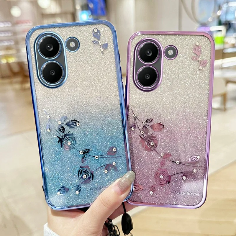 KADEM Phone Case For Xiaomi Redmi Turbo 5 5G Flower Pattern TPU Gradient Phone Cover with Lanyards - Blue
