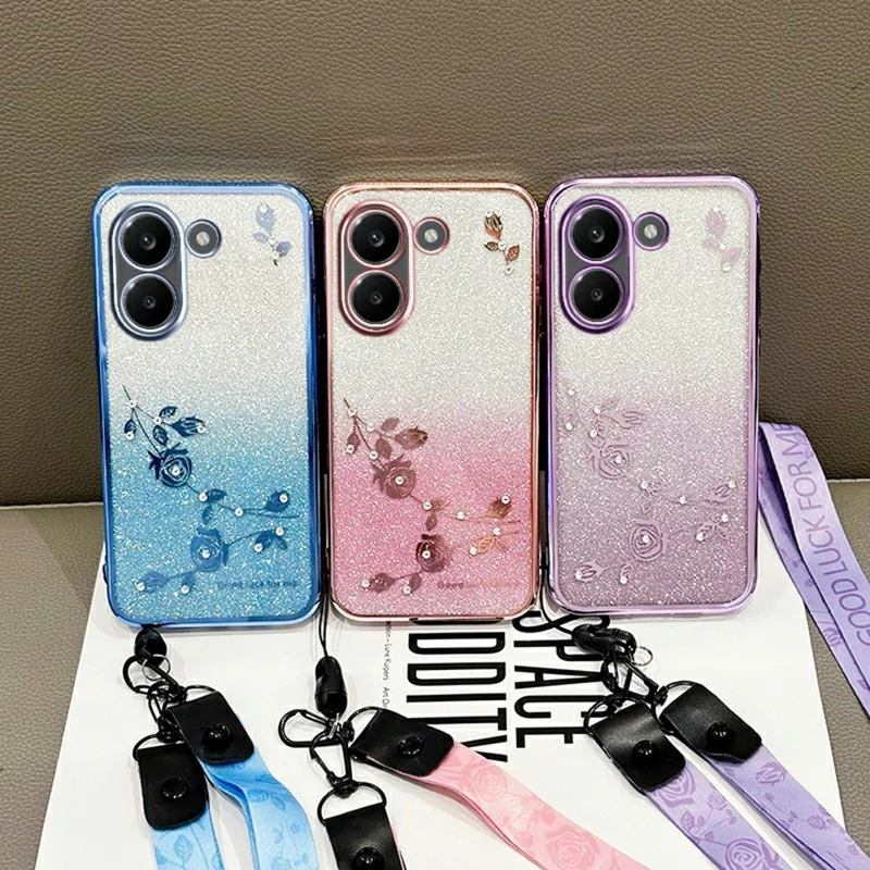KADEM Phone Case For Xiaomi Redmi Turbo 5 5G Flower Pattern TPU Gradient Phone Cover with Lanyards - Blue