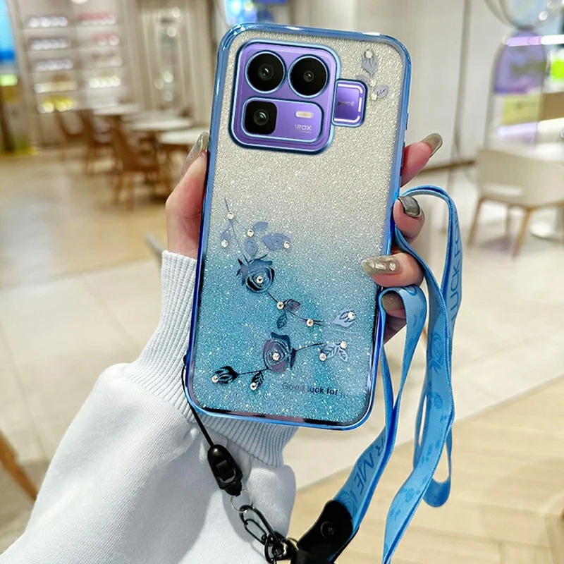 KADEM Phone Case For Realme Neo8 5G Flower Pattern TPU Gradient Phone Cover with Lanyards - Blue