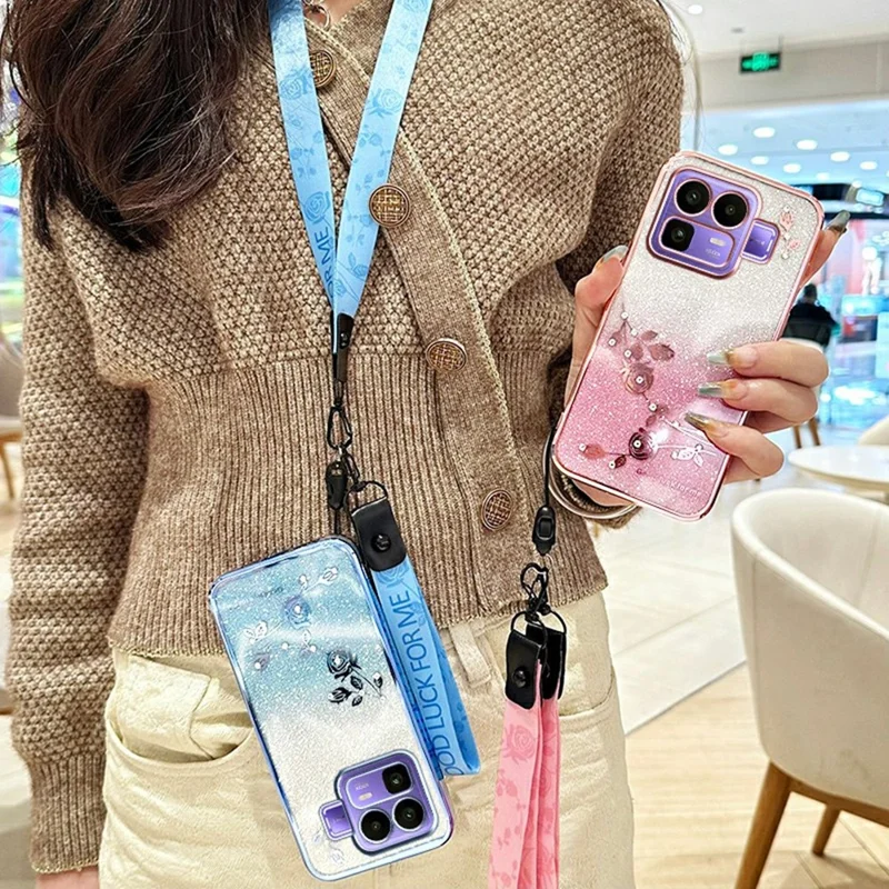 KADEM Phone Case For Realme Neo8 5G Flower Pattern TPU Gradient Phone Cover with Lanyards - Blue