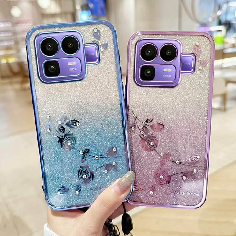 KADEM Phone Case For Realme Neo8 5G Flower Pattern TPU Gradient Phone Cover with Lanyards - Blue