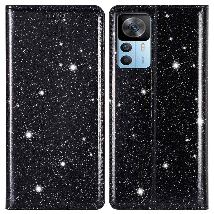 Para Xiaomi 12t 5g / 12T Pro 5G / Diseño Del Soporte de Tarjeta Redmi K50 Ultra 5G Soporte Delgada Teléfono Glitter Polvo PU Case de Teléfonos Celulares de Cuero Con Cierre Magnético Absorbido Automáticamente - Negro