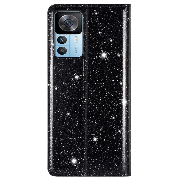 Para Xiaomi 12t 5g / 12T Pro 5G / Diseño Del Soporte de Tarjeta Redmi K50 Ultra 5G Soporte Delgada Teléfono Glitter Polvo PU Case de Teléfonos Celulares de Cuero Con Cierre Magnético Absorbido Automáticamente - Negro