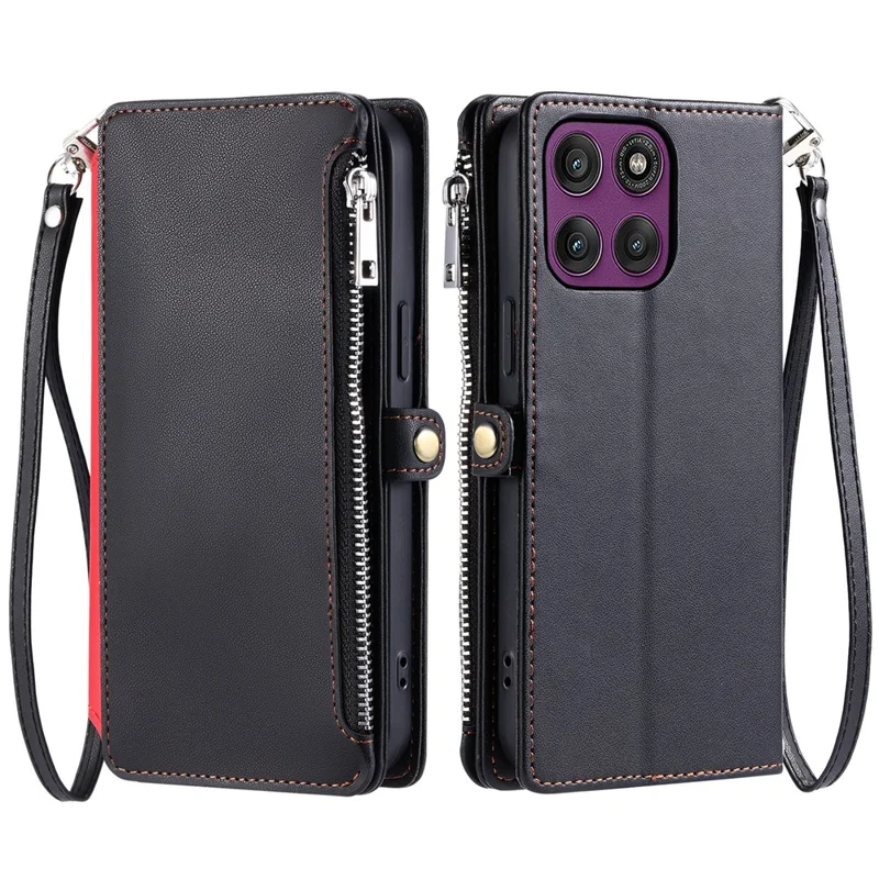 For Motorola Moto G77 5G  /  G67 5G Case TPU + PU Leather Wallet Phone Cover with Wrist Strap - Black
