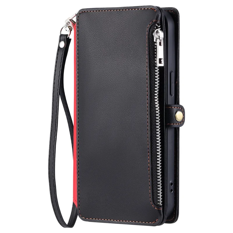 For Motorola Moto G77 5G  /  G67 5G Case TPU + PU Leather Wallet Phone Cover with Wrist Strap - Black
