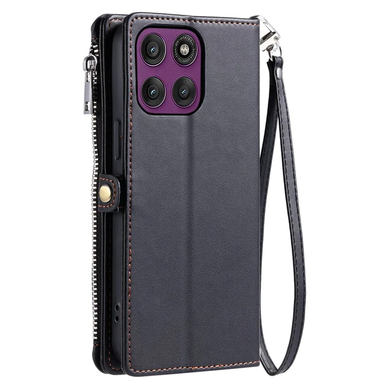 For Motorola Moto G77 5G  /  G67 5G Case TPU + PU Leather Wallet Phone Cover with Wrist Strap - Black