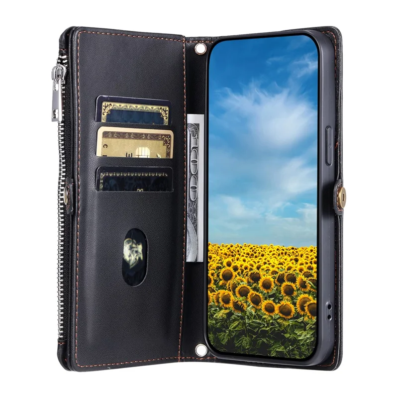 For Motorola Moto G77 5G  /  G67 5G Case TPU + PU Leather Wallet Phone Cover with Wrist Strap - Black