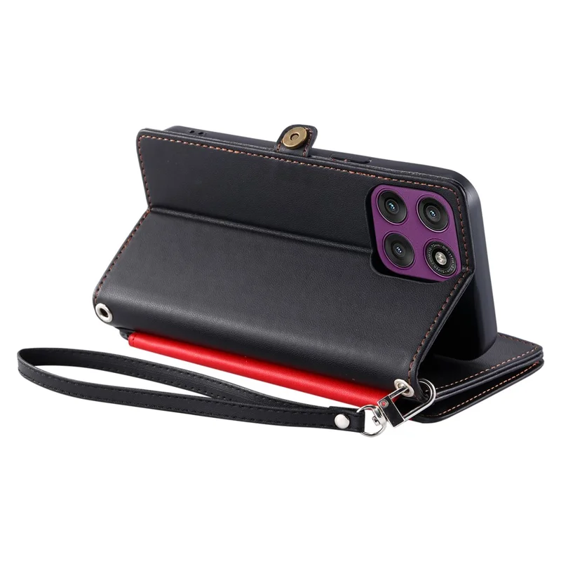 For Motorola Moto G77 5G  /  G67 5G Case TPU + PU Leather Wallet Phone Cover with Wrist Strap - Black
