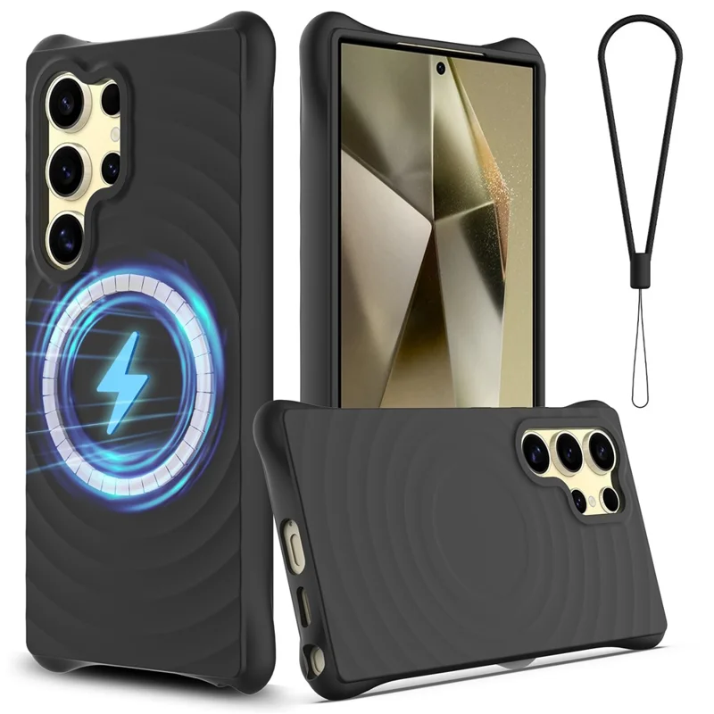 For Samsung Galaxy S26 Ultra Magnetic Case Ripple Texture Liquid Silicone Protective Cover with Strap - Black