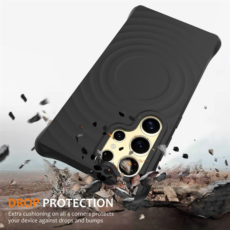 For Samsung Galaxy S26 Ultra Magnetic Case Ripple Texture Liquid Silicone Protective Cover with Strap - Black