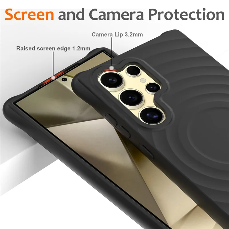 For Samsung Galaxy S26 Ultra Magnetic Case Ripple Texture Liquid Silicone Protective Cover with Strap - Black