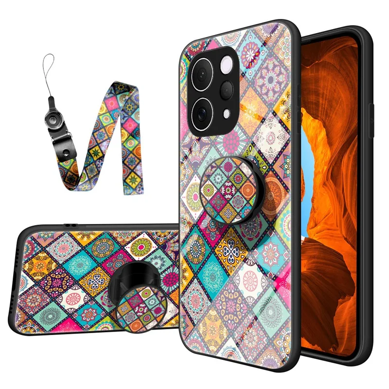 Handyhülle für vivo V70 5G / S50 5G mit Ständer, ethnischen Mustern, gehärtetem Glas und Trageband - Kariertes Muster