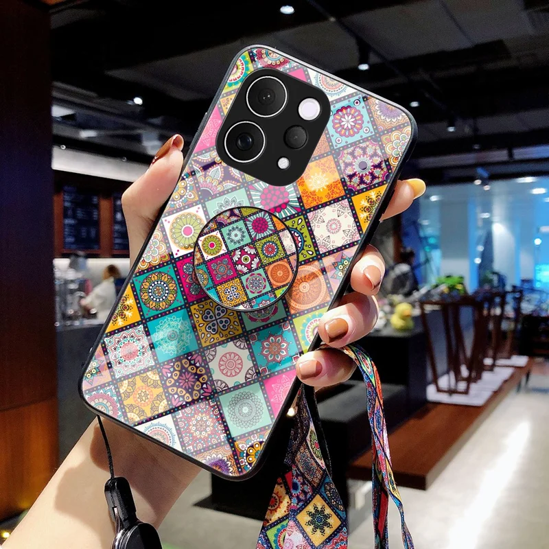 Handyhülle für vivo V70 5G / S50 5G mit Ständer, ethnischen Mustern, gehärtetem Glas und Trageband - Kariertes Muster