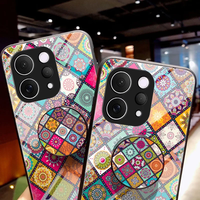 Handyhülle für vivo V70 5G / S50 5G mit Ständer, ethnischen Mustern, gehärtetem Glas und Trageband - Kariertes Muster